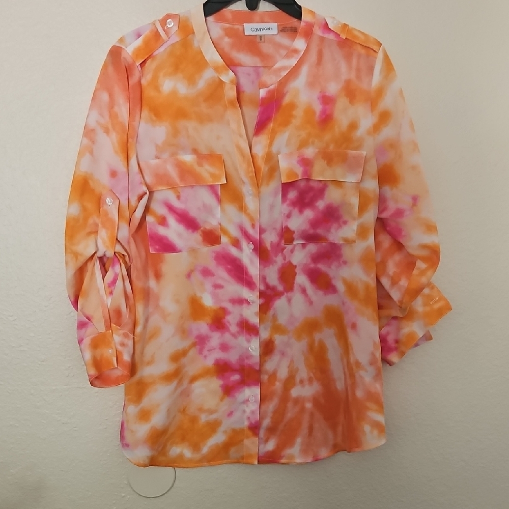 Calvin Klein Orange and Pink Tie-Dye Blouse